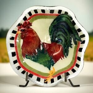 Peggy Karr Rooster Fused Glass Bowl 1998 Fluted Checkered Edge With Stand